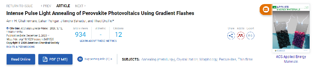 《Applied Energy Materials》：利用光子燒結(jié)系統(tǒng)對鈣鈦礦光伏材料進行強脈沖光退火