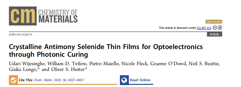 《Chemistry of Materials》：通過光子燒結制備用于光電器件的晶體硒化銻薄膜（IF=8.695）